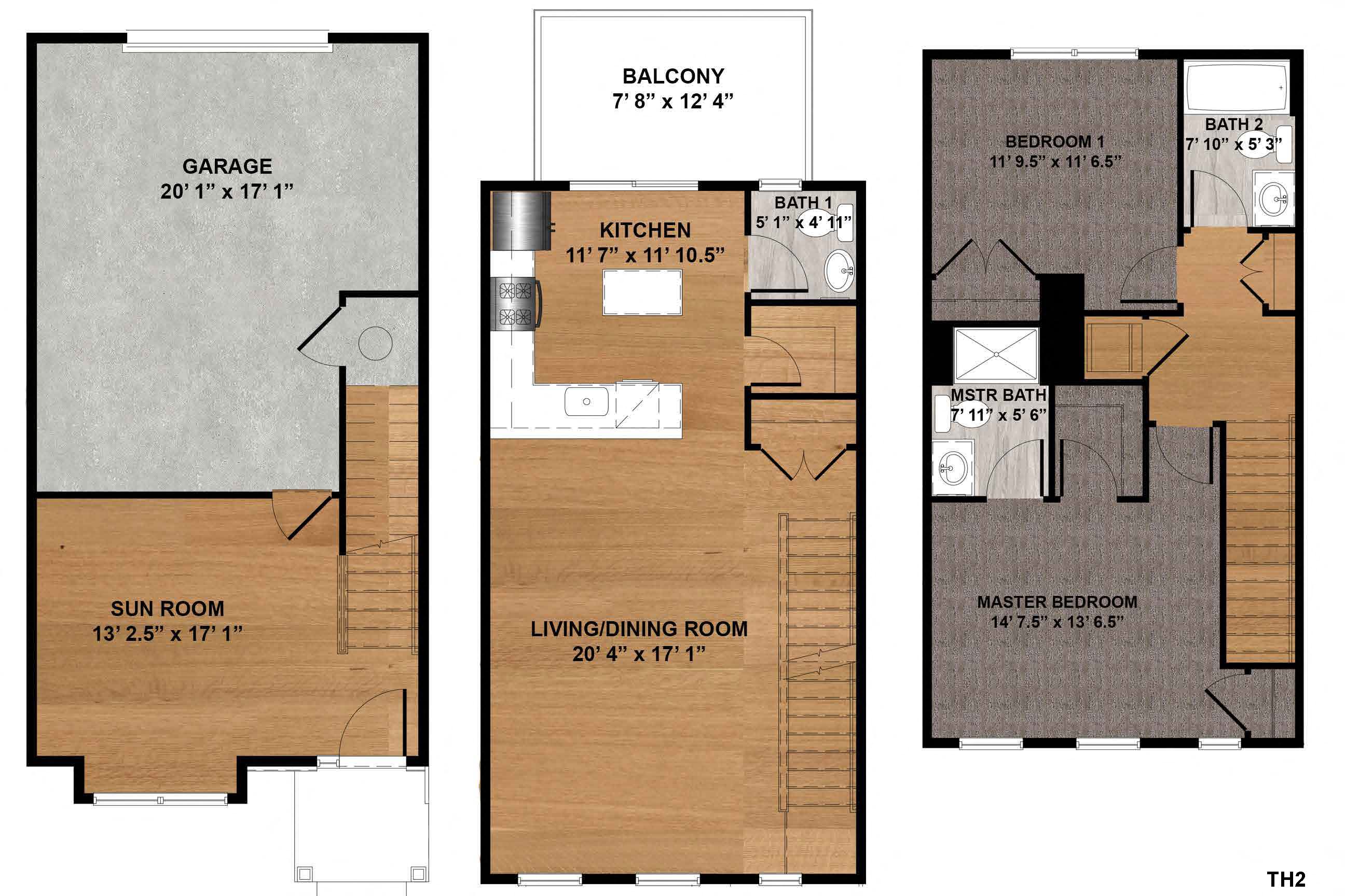 Floor plan for 2 beds, 2.5 baths, 1396 sqft